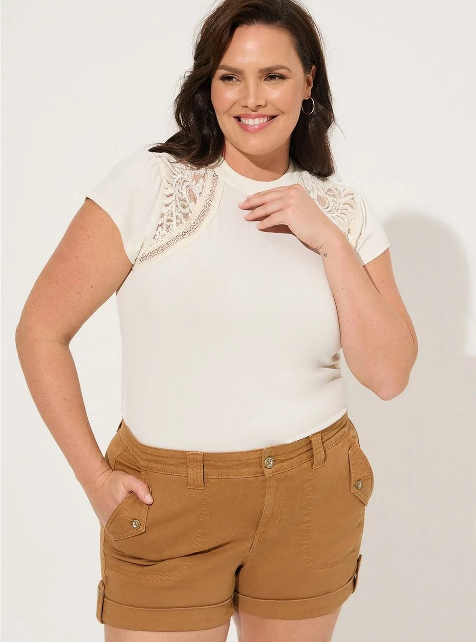 TORRID Studio Crepe Jersey Mock Neck Lace Inset Top