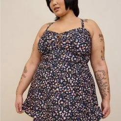 TORRID Wireless Long Lattice Front Swim Dress With Brief