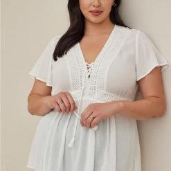 TORRID Babydoll Crinkle Gauze Crochet Inset Lace-Up Top