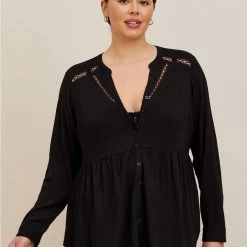 TORRID Emma Babydoll Rayon Slub Lace Trim Tunic Top