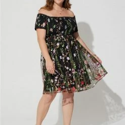 TORRID Smocked Bodice Off Shoulder Skater Dress - Black Lace