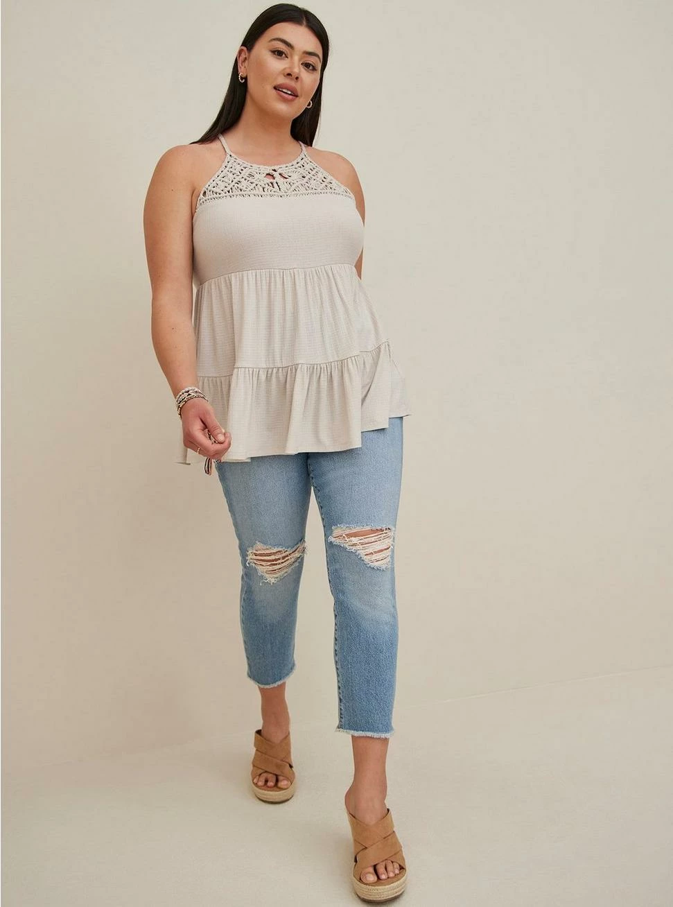 TORRID Textured Jersey Crochet High Neck Tiered Top - Image 2