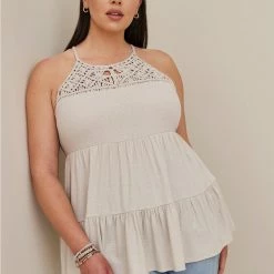 TORRID Textured Jersey Crochet High Neck Tiered Top