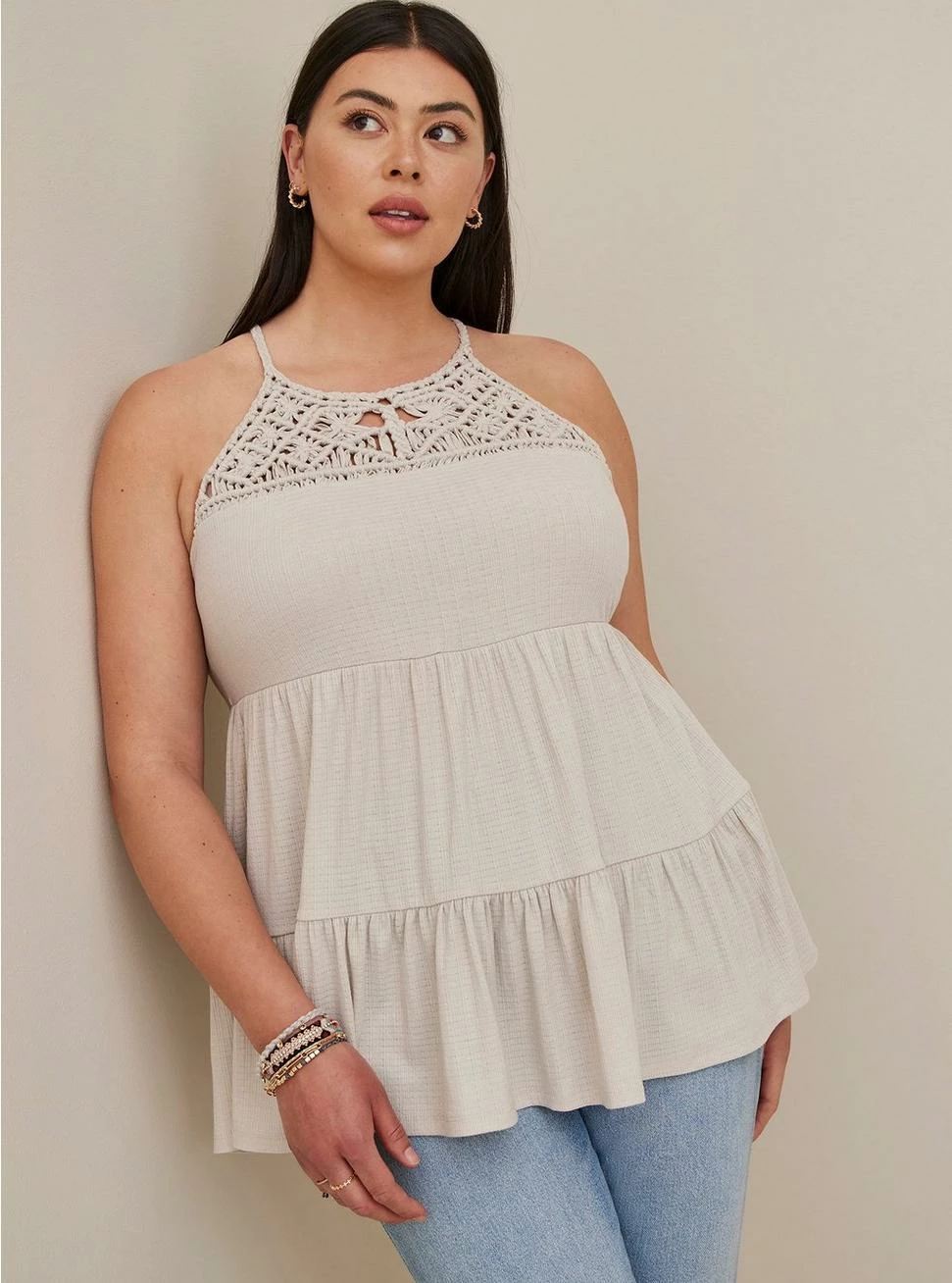 TORRID Textured Jersey Crochet High Neck Tiered Top