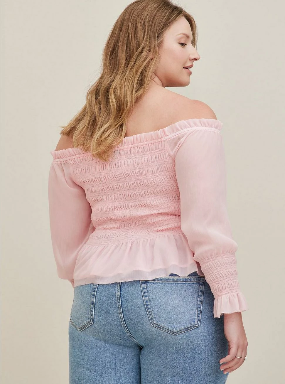 TORRID Crinkle Chiffon Smocked Waist Off-Shoulder Crop Top - Image 3