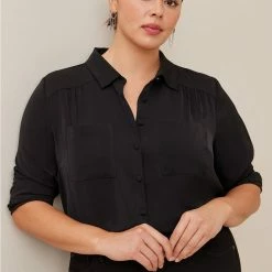 TORRID Madison Crepe De Chine Button-Front Long Sleeve Shirt
