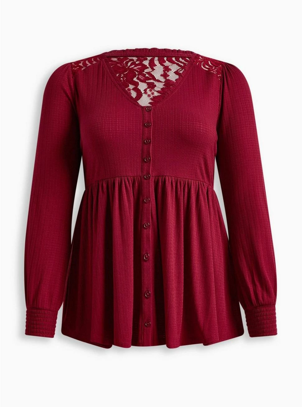 TORRID Babydoll Knit V-Neck Button-Front Lace Inset Peasant Sleeve Top - Image 4