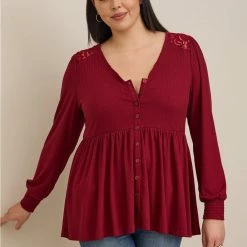 TORRID Babydoll Knit V-Neck Button-Front Lace Inset Peasant Sleeve Top