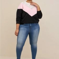 TORRID Relaxed Fit Super Soft Fleece Chevron Colorblock Lace Sweatshirt