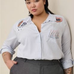 TORRID Lizzie Rayon Twill Embroidered Button Up Long Sleeve Shirt