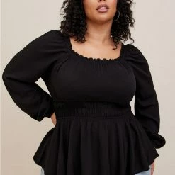 TORRID Rayon Slub Waist Detail Blouson Sleeve Top