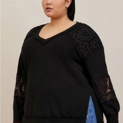 TORRID Waffle V-Neck Lace Inset Sweatshirt