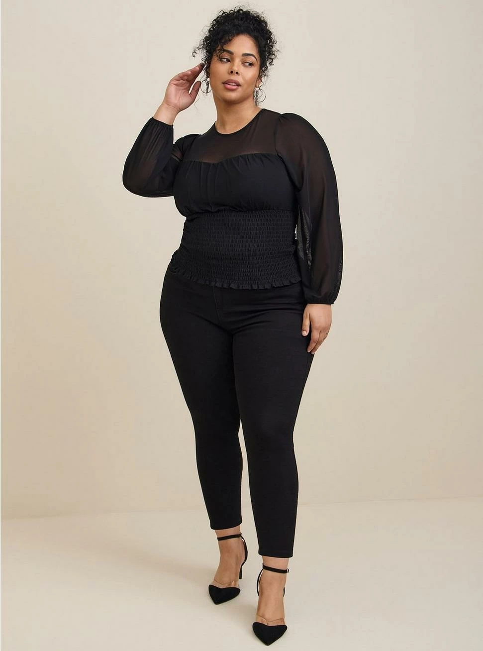 TORRID Stretch Mesh Sweetheart Smocked Long Sleeve Top - Image 2