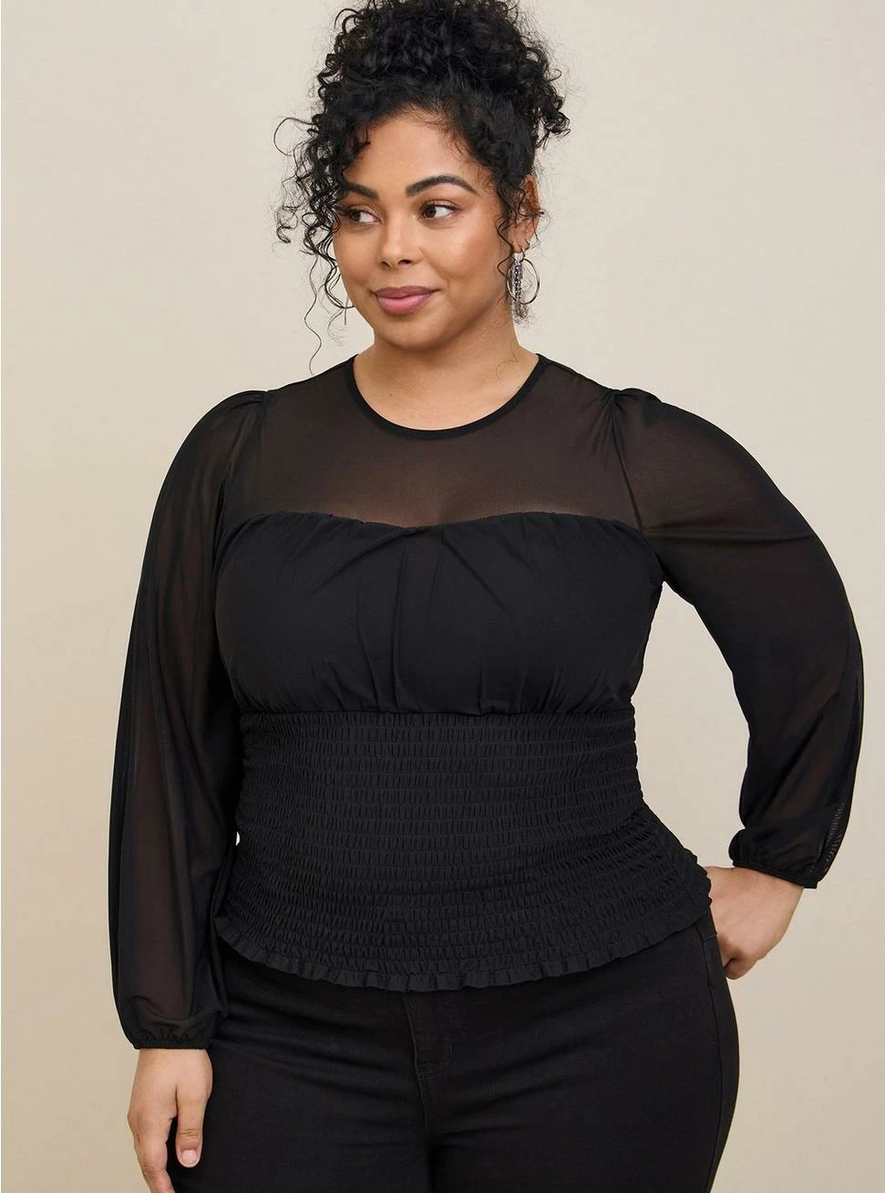 TORRID Stretch Mesh Sweetheart Smocked Long Sleeve Top