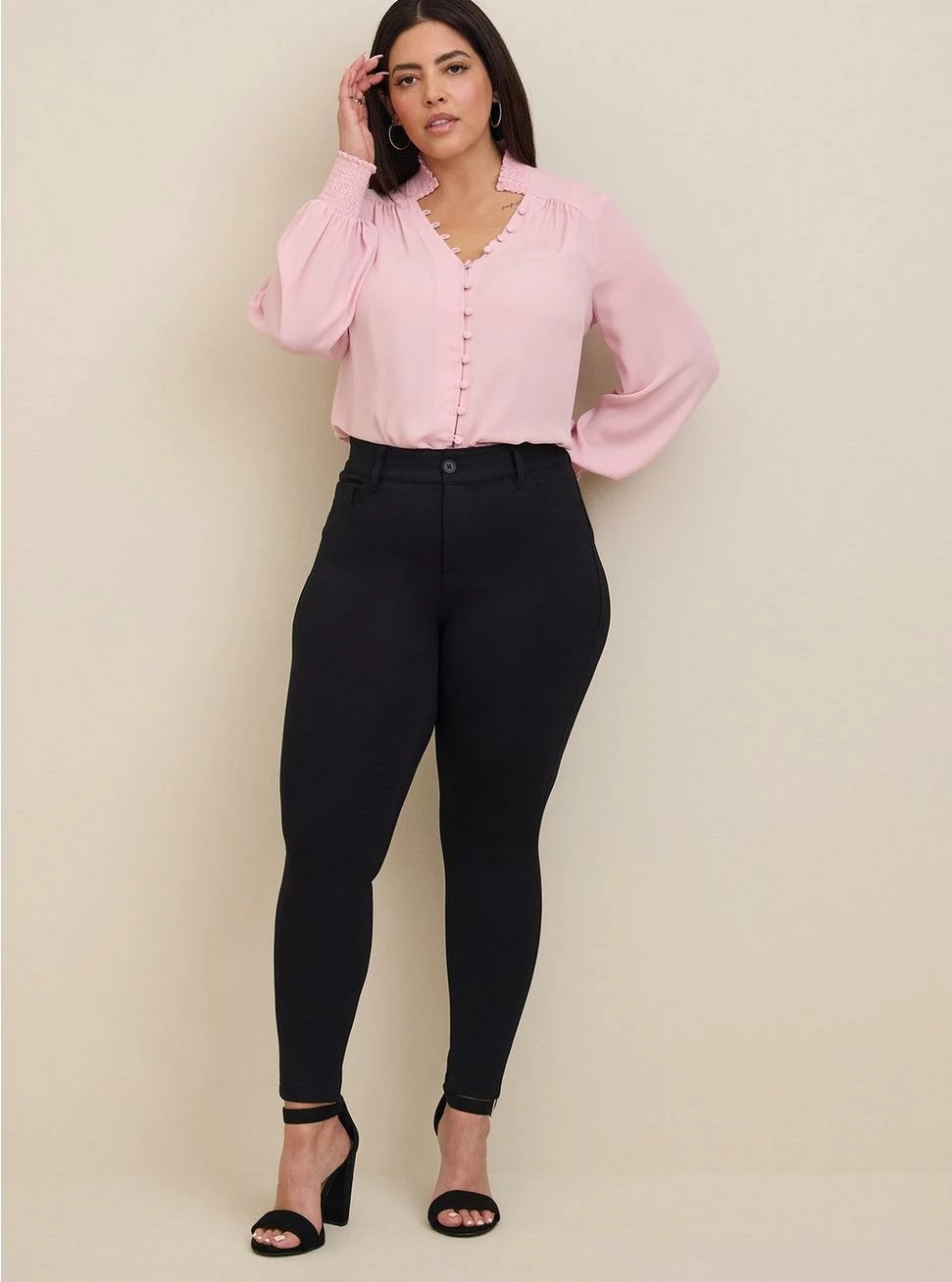 TORRID Georgette Button Front Smocked Collar Long Sleeve Blouse - Image 3