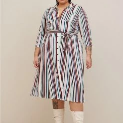 TORRID Midi Stretch Challis Button Front Shirt Dress Multi Stripe