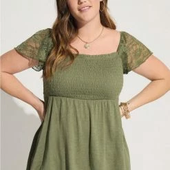 TORRID Cotton Modal Slub Smocked Bodice Lace Flutter Sleeve Babydoll Top