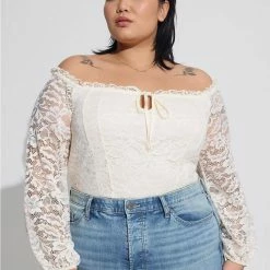 TORRID Stretch Lace Off Shoulder Corset Seamed Long Sleeve Top