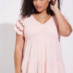 TORRID Cotton Modal Slub V-Neck Smocked Bodice Eyelet Sleeve Babydoll Top