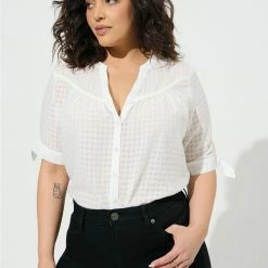 TORRID Window Pane Button Front Tie Sleeve Top
