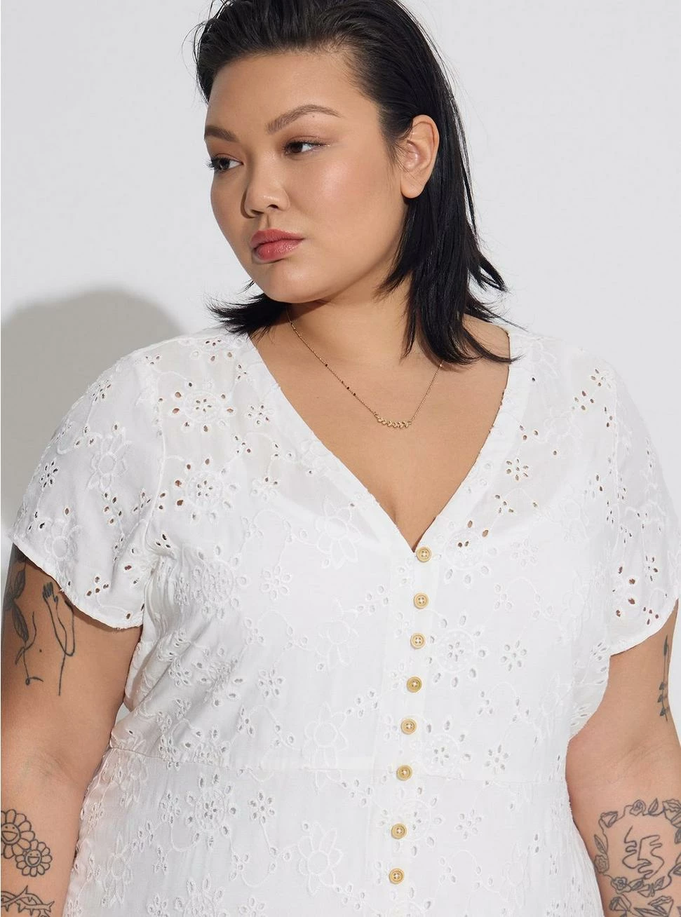 TORRID Midi Eyelet Hi Low Button Front Shirt Dress - Image 3