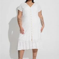 TORRID Midi Eyelet Hi Low Button Front Shirt Dress