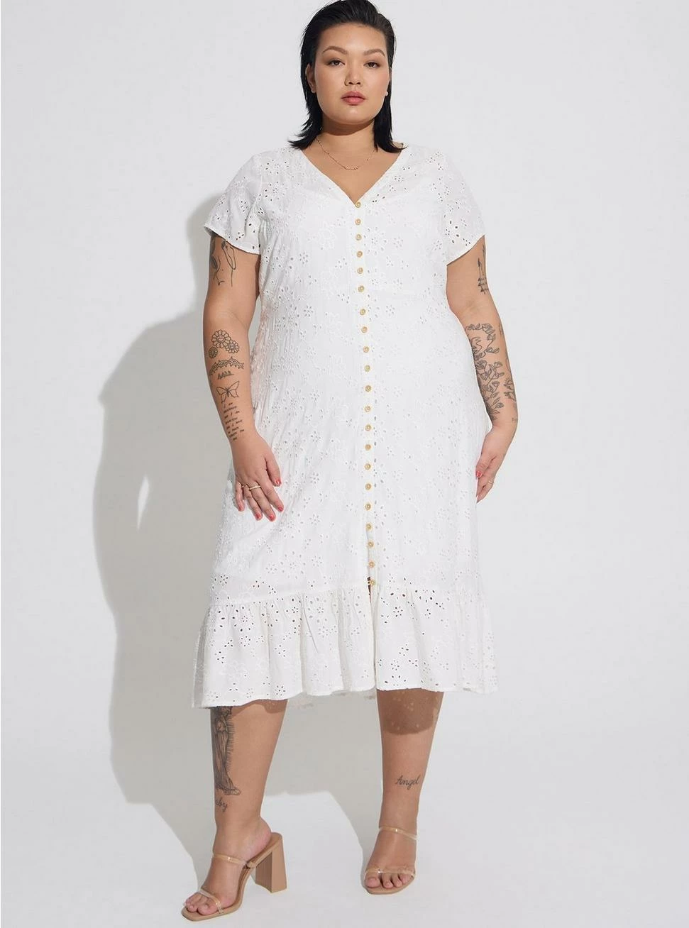 TORRID Midi Eyelet Hi Low Button Front Shirt Dress